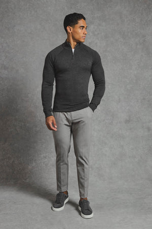 Pure Cotton Knitted Half Zip Neck Sweater in Brown Marl - TAILORED ATHLETE - USA