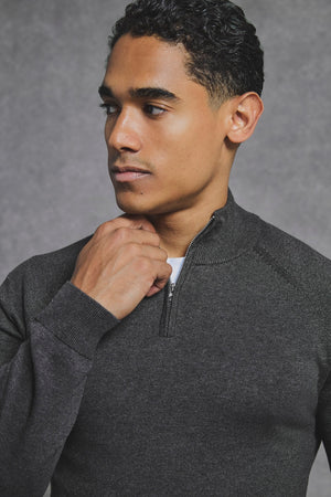 Pure Cotton Knitted Half Zip Neck Sweater in Brown Marl - TAILORED ATHLETE - USA