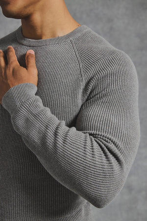 Pure Cotton Knitted Textured Crew Neck Sweater in Charcoal Marl - TAILORED ATHLETE - USA