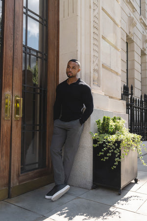 Pure Cotton Knitted Open Collar Polo Shirt in Black - TAILORED ATHLETE - USA