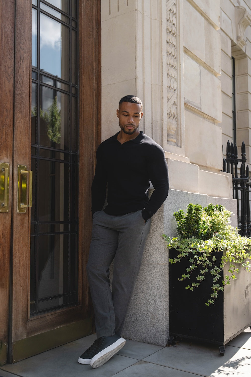 Pure Cotton Knitted Open Collar Polo Shirt in Black - TAILORED ATHLETE - USA