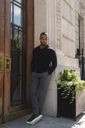 Pure Cotton Knitted Open Collar Polo Shirt in Black - TAILORED ATHLETE - USA