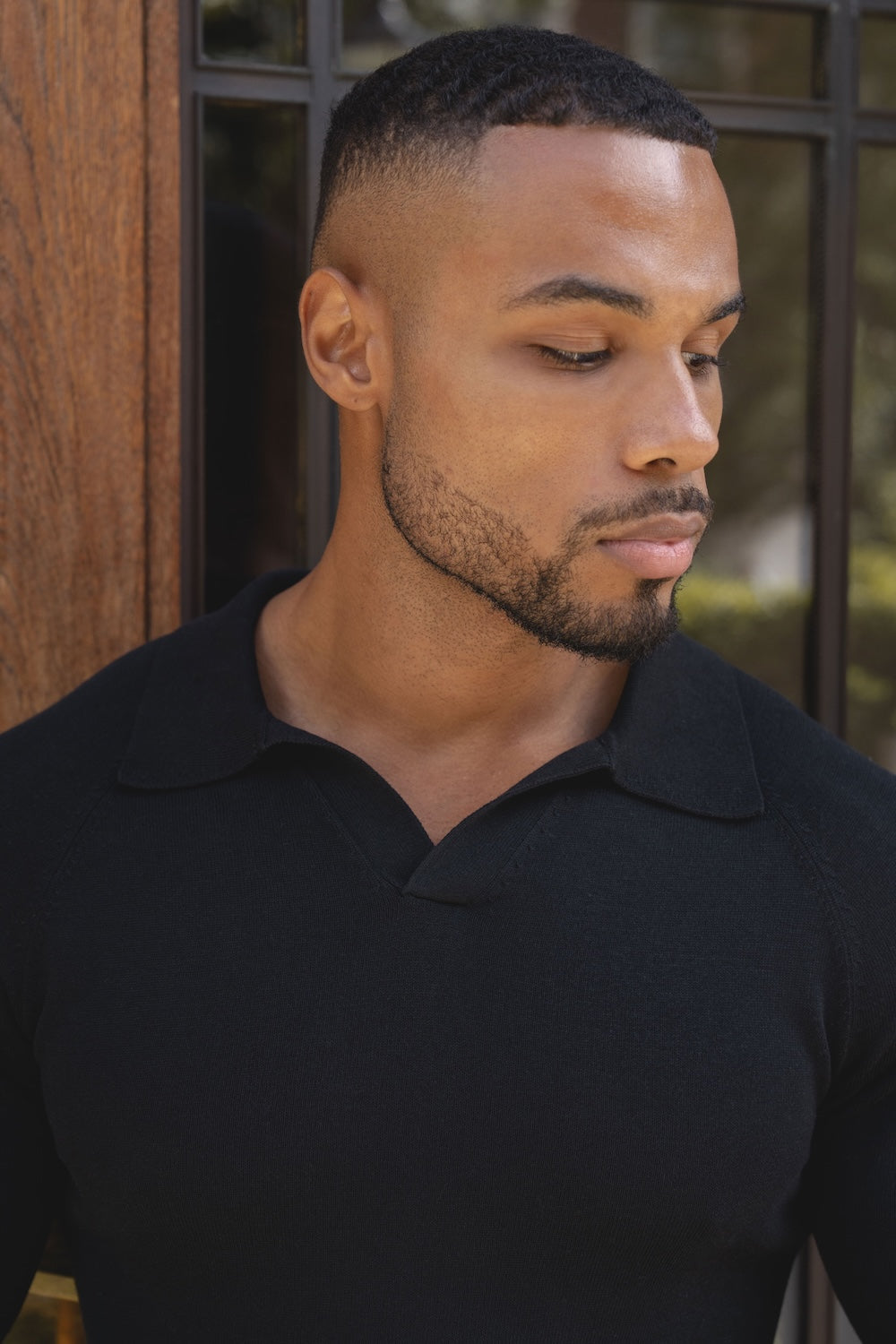 Pure Cotton Knitted Open Collar Polo Shirt in Black - TAILORED ATHLETE - USA