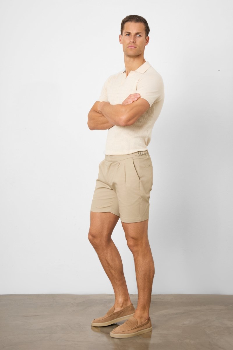 Smart Pleated Cotton Side Adjust Short in Stone - TAILORED ATHLETE - USA