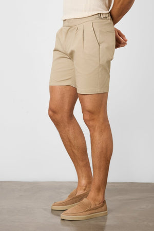 Smart Pleated Cotton Side Adjust Short in Stone - TAILORED ATHLETE - USA