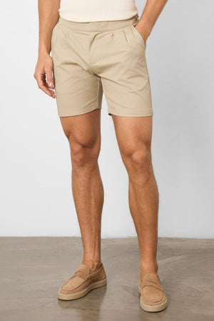 Smart Pleated Cotton Side Adjust Short in Stone - TAILORED ATHLETE - USA