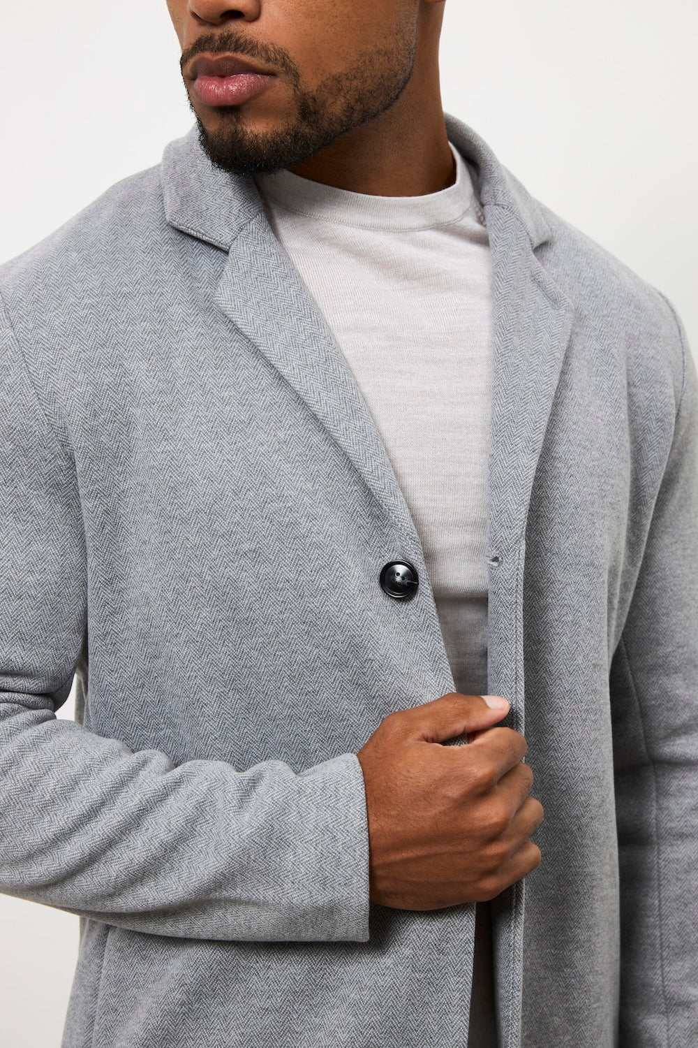 Single Breasted Herringbone Overcoat in Soft Grey - TAILORED ATHLETE - USA