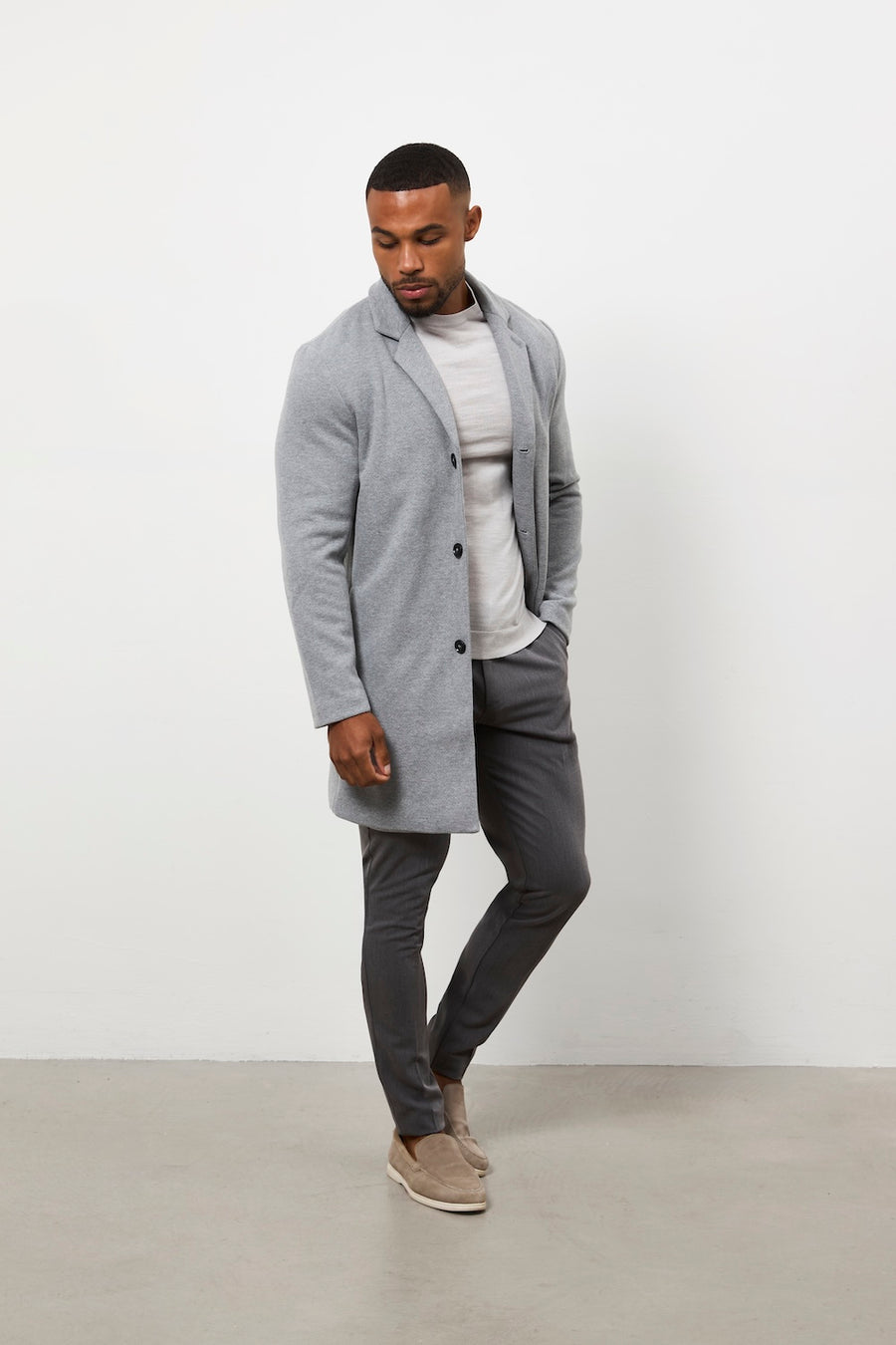 Single Breasted Herringbone Overcoat in Soft Grey - TAILORED ATHLETE - USA