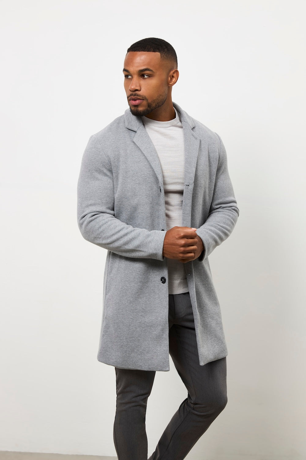 Single Breasted Herringbone Overcoat in Soft Grey - TAILORED ATHLETE - USA