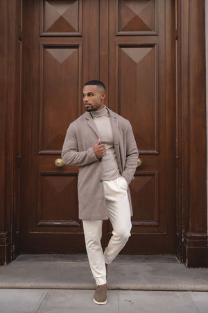 Single Breasted Herringbone Overcoat in Stone - TAILORED ATHLETE - USA
