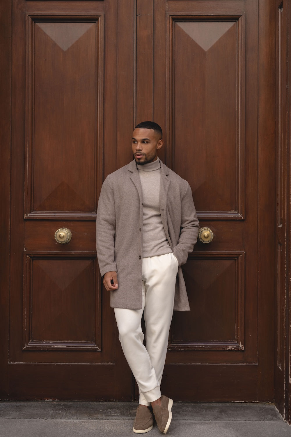 Single Breasted Herringbone Overcoat in Stone - TAILORED ATHLETE - USA