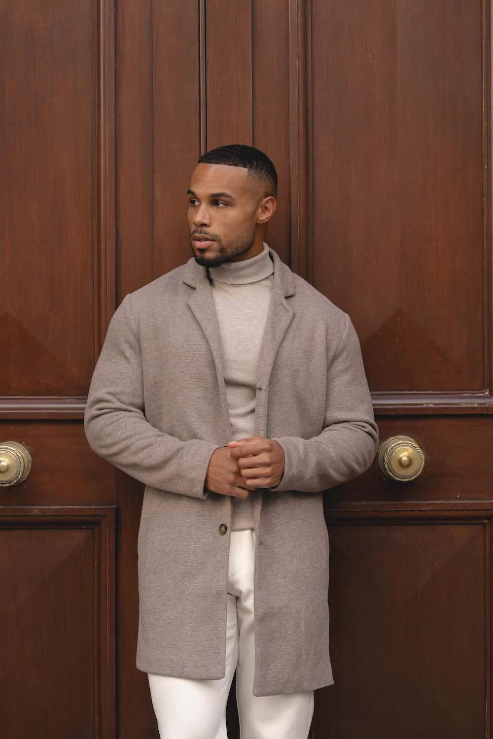 Single Breasted Herringbone Overcoat in Stone - TAILORED ATHLETE - USA