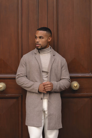Single Breasted Herringbone Overcoat in Stone - TAILORED ATHLETE - USA