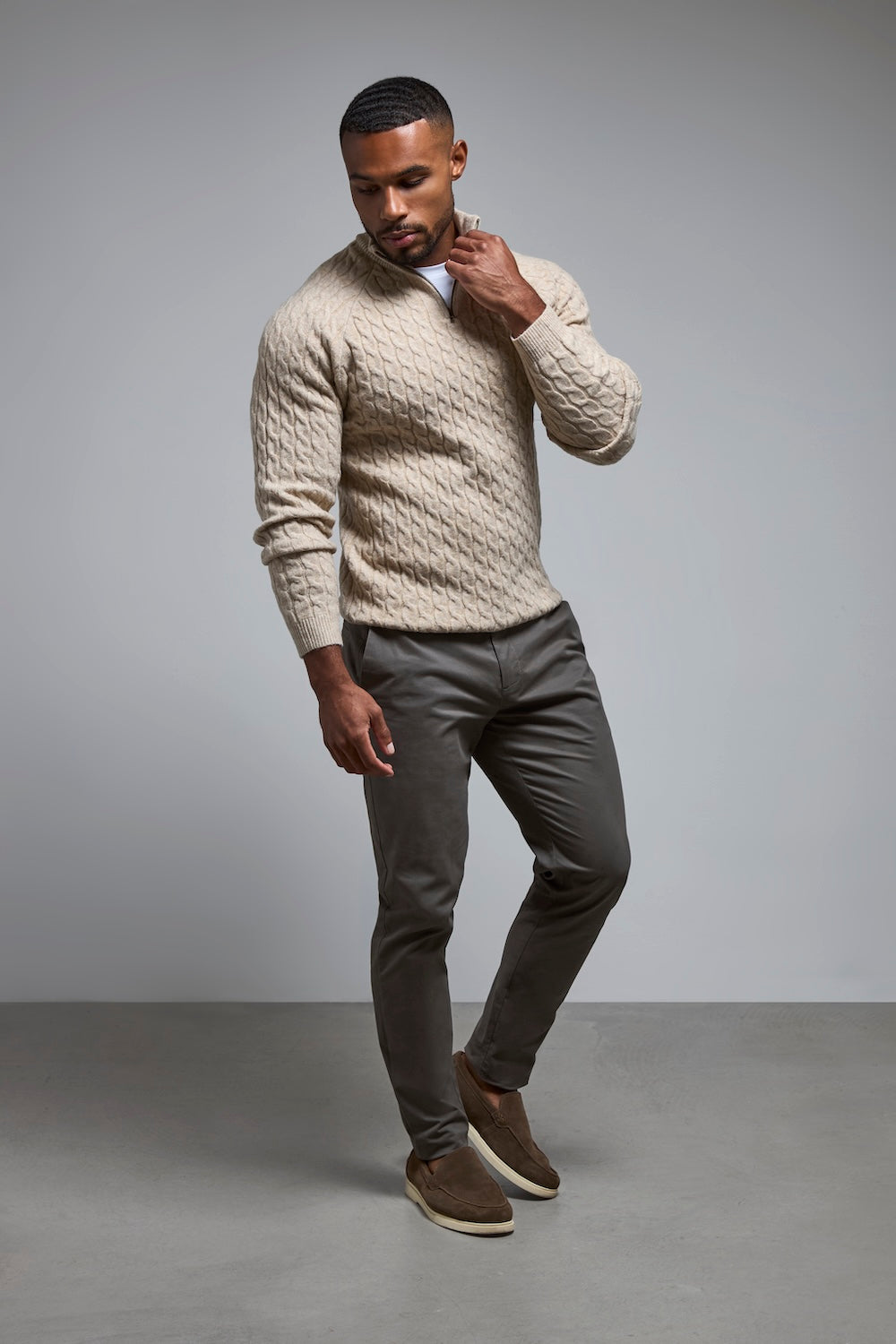 Soft Cable Half Zip Neck Sweater in Neutral Marl - TAILORED ATHLETE - USA