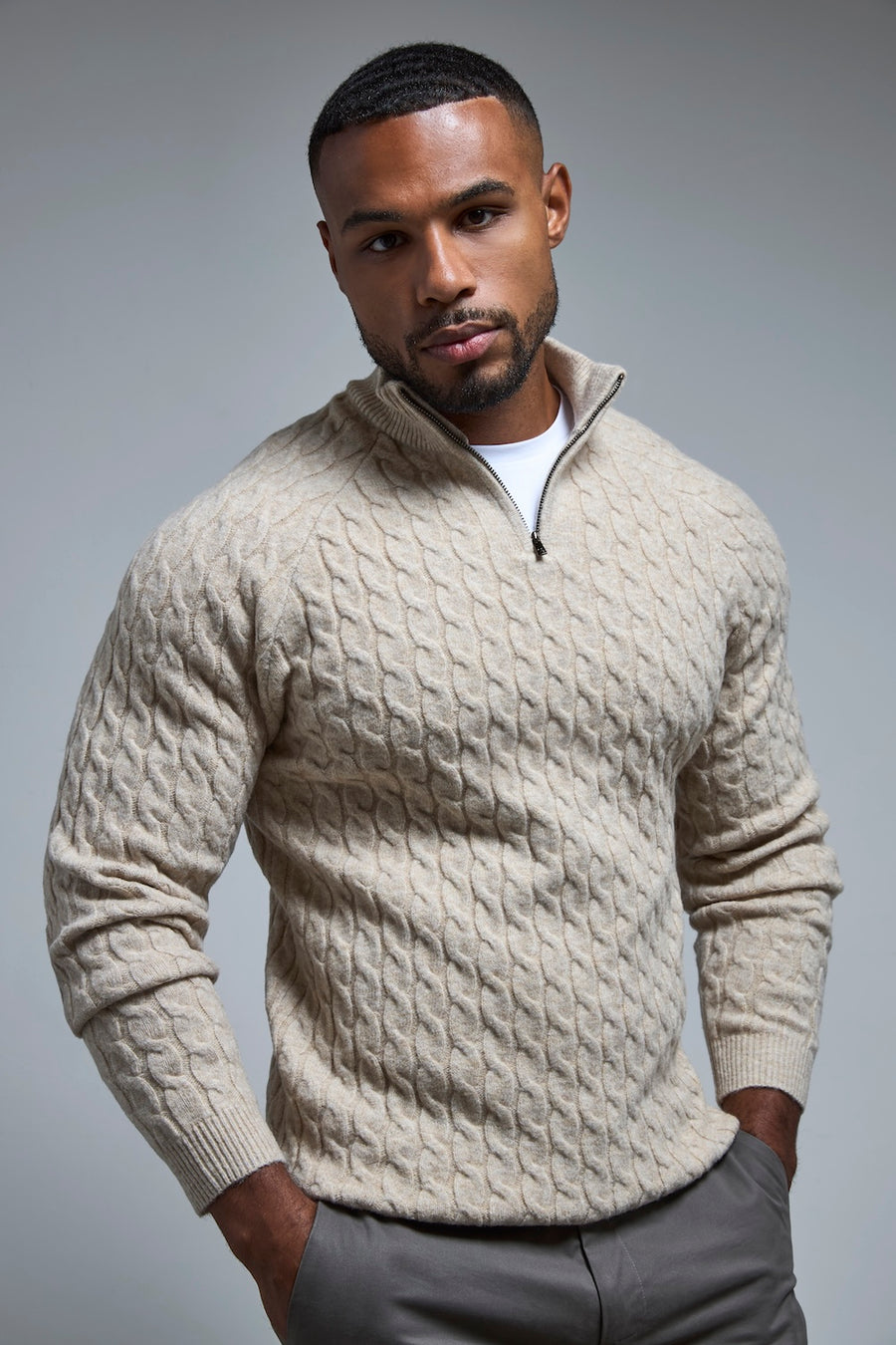 Soft Cable Half Zip Neck Sweater in Neutral Marl - TAILORED ATHLETE - USA