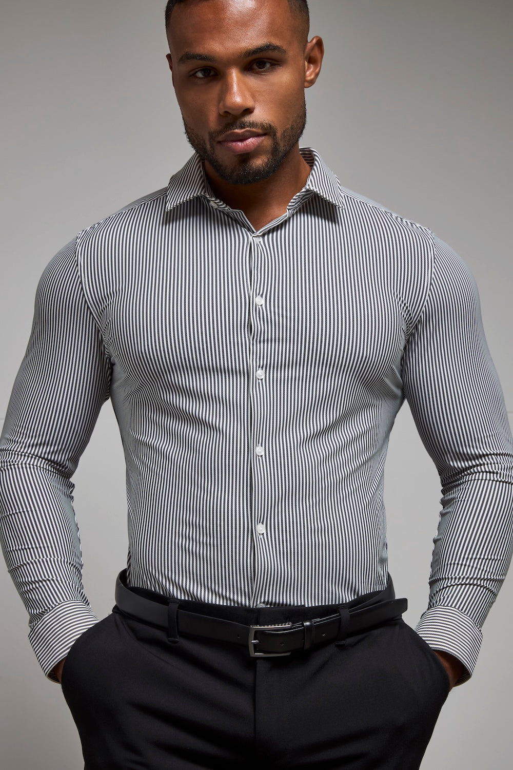 Striped Stretch Formal Shirt in Grey - TAILORED ATHLETE - USA