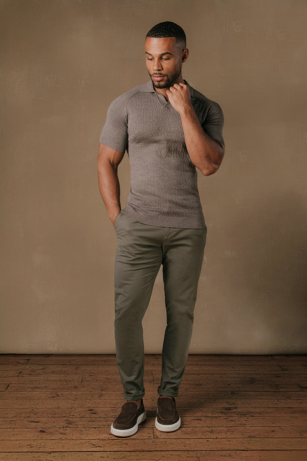 Fine Cable Knitted Polo Shirt in Dark Mocha Marl - TAILORED ATHLETE - USA