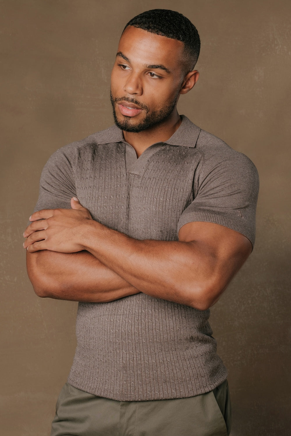 Fine Cable Knitted Polo Shirt in Dark Mocha Marl - TAILORED ATHLETE - USA