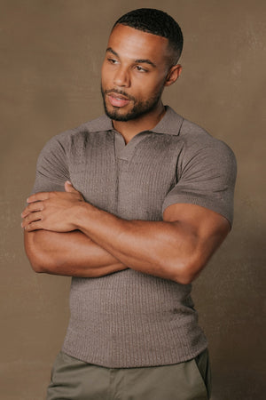 Fine Cable Knitted Polo Shirt in Dark Mocha Marl - TAILORED ATHLETE - USA