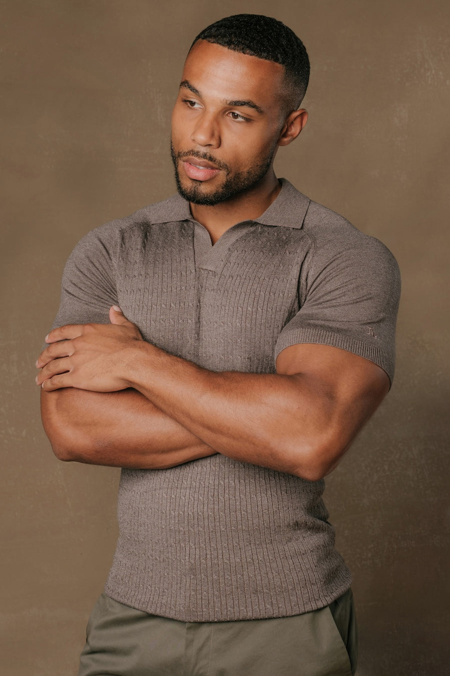 Fine Cable Knitted Polo Shirt in Dark Mocha Marl - TAILORED ATHLETE - USA