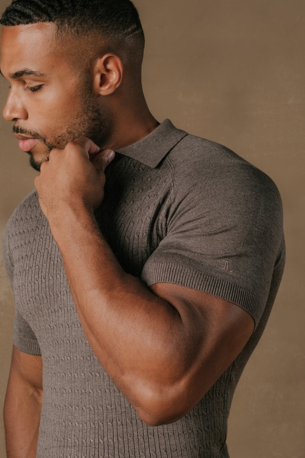 Fine Cable Knitted Polo Shirt in Dark Mocha Marl - TAILORED ATHLETE - USA