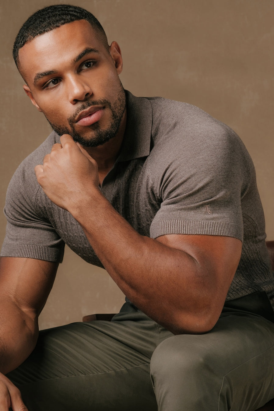 Fine Cable Knitted Polo Shirt in Dark Mocha Marl - TAILORED ATHLETE - USA