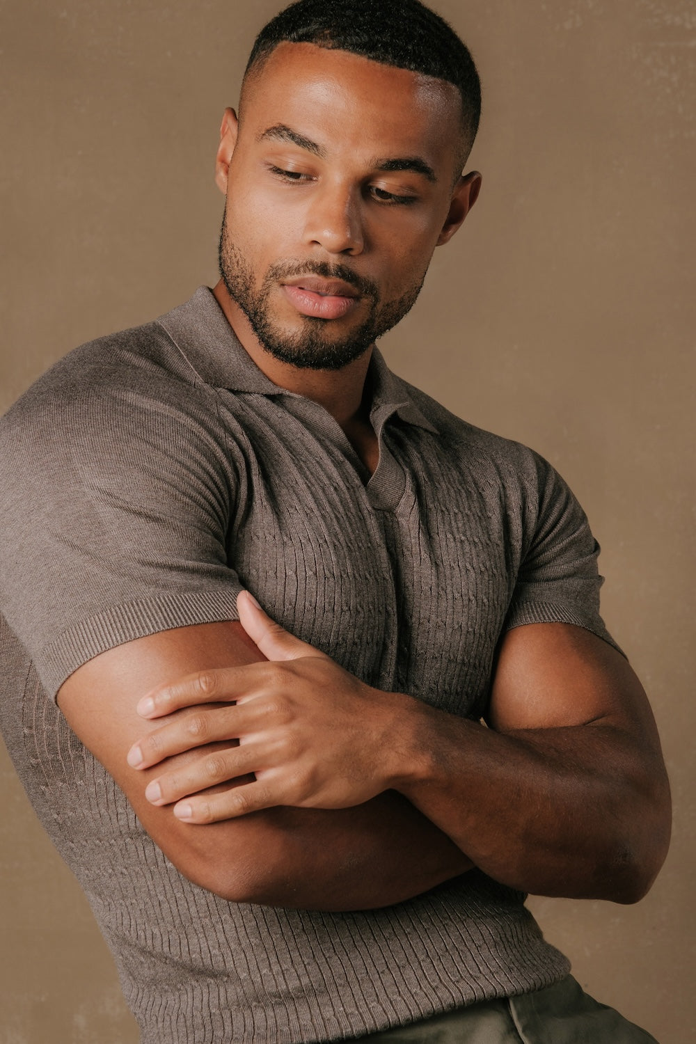 Fine Cable Knitted Polo Shirt in Dark Mocha Marl - TAILORED ATHLETE - USA