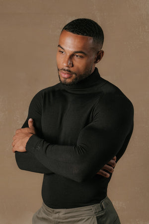 Extra Fine Merino Wool Roll Neck Sweater in Black - TAILORED ATHLETE - USA