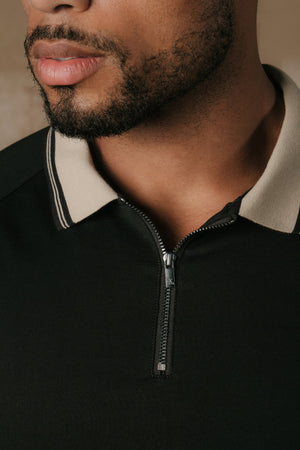 Tipped Zip Neck Polo in Black and Stone Tipping - TAILORED ATHLETE - USA
