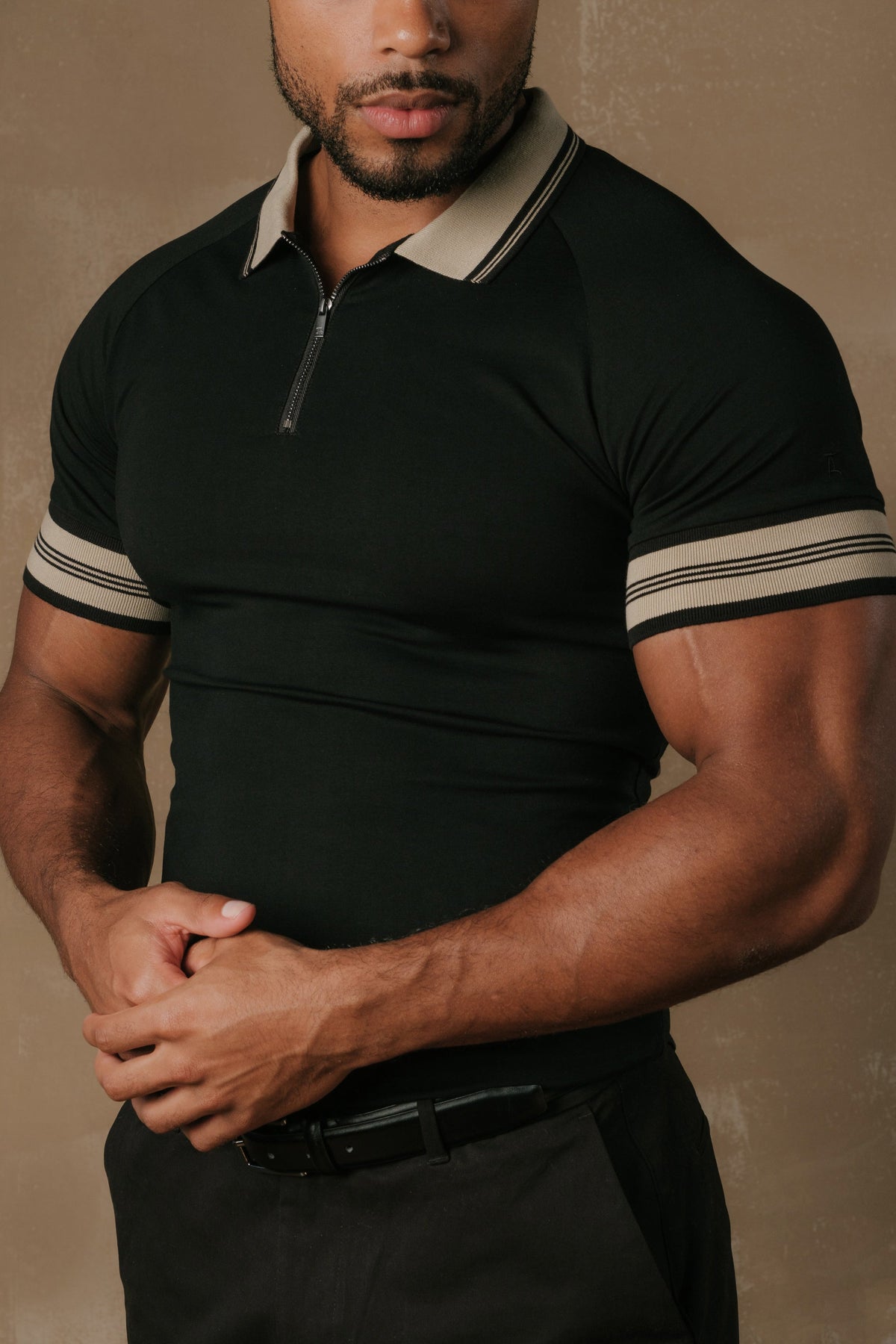 Tipped Zip Neck Polo in Black and Stone Tipping - TAILORED ATHLETE - USA