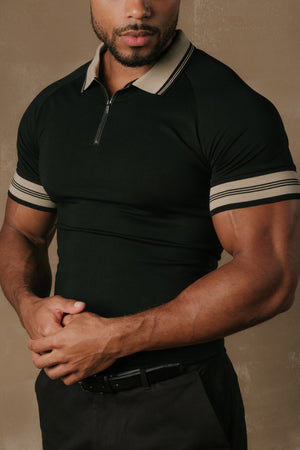 Tipped Zip Neck Polo in Black and Stone Tipping - TAILORED ATHLETE - USA