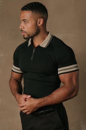 Tipped Zip Neck Polo in Black and Stone Tipping - TAILORED ATHLETE - USA