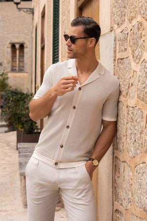 Open Stitch Cuban Collar Knitted Shirt in Stone - TAILORED ATHLETE - USA