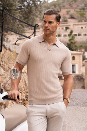 Contrast Textured Knitted Polo Shirt in Stone - TAILORED ATHLETE - USA