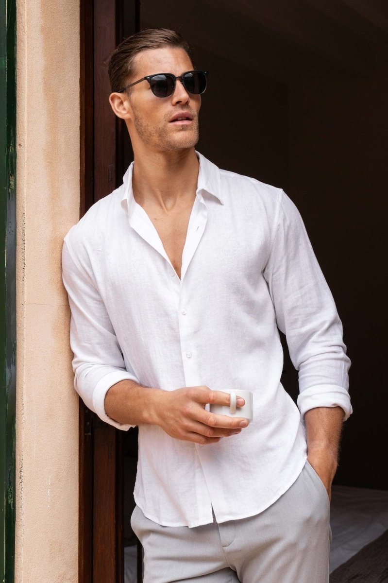 Linen Blend Button Through Shirt in White - TAILORED ATHLETE - USA