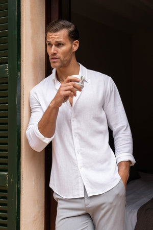 Linen Blend Button Through Shirt in White - TAILORED ATHLETE - USA