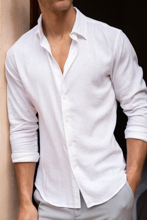 Linen Blend Button Through Shirt in White - TAILORED ATHLETE - USA