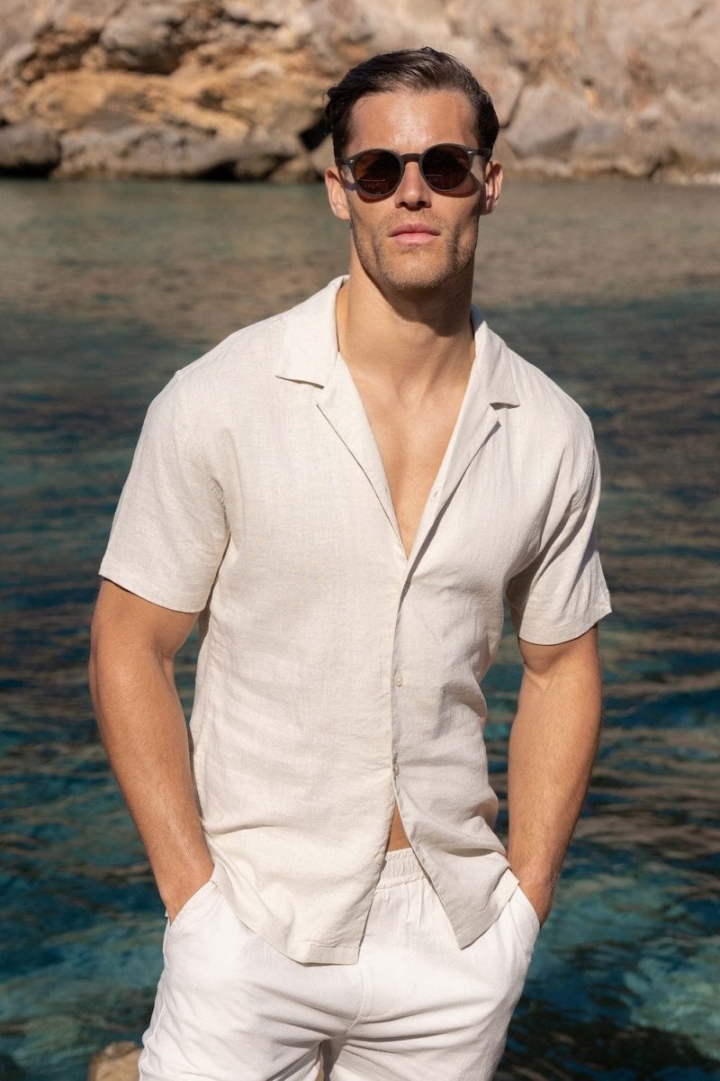 Linen Blend Cuban Collar Shirt in Stone - TAILORED ATHLETE - USA