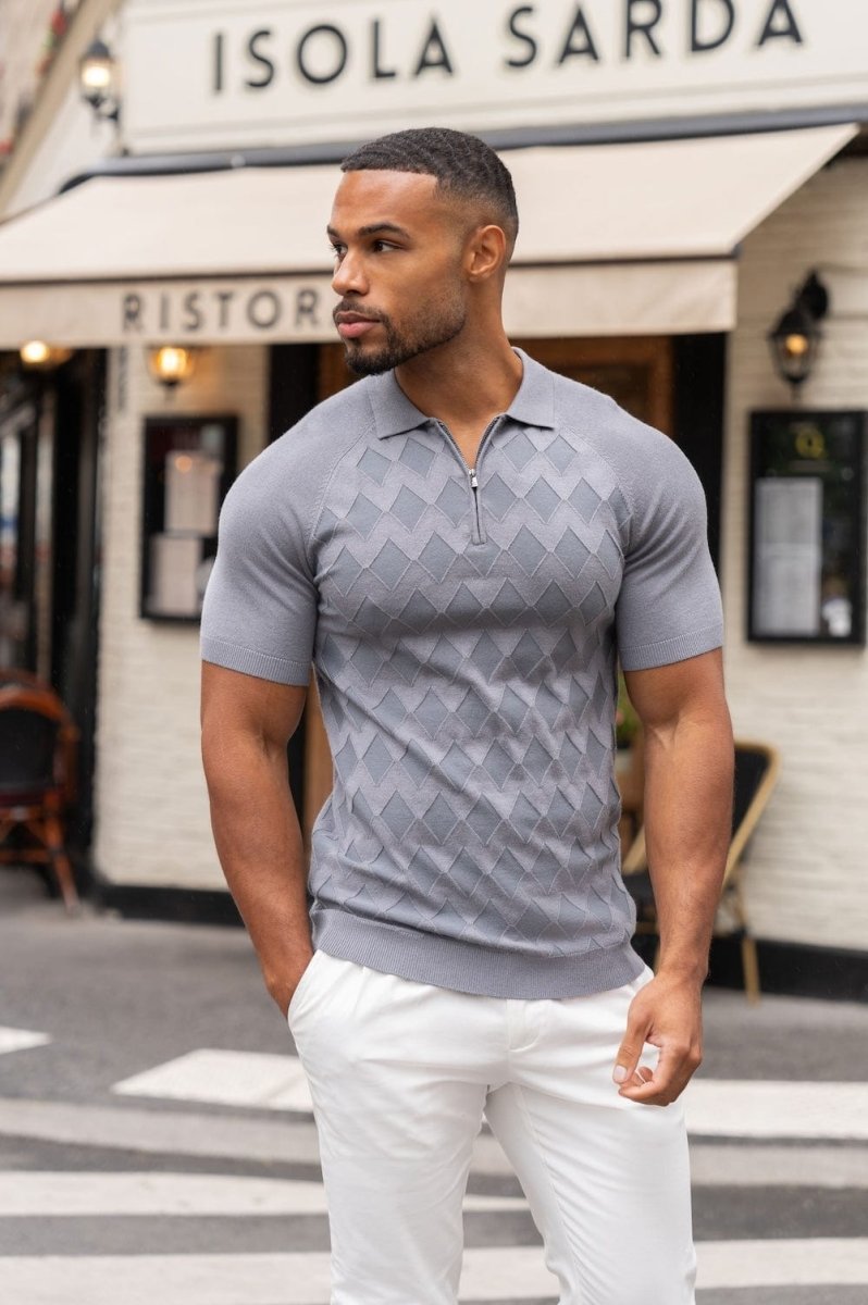 Diamond Jacquard Knitted Polo Shirt in Smoky Charcoal - TAILORED ATHLETE - USA