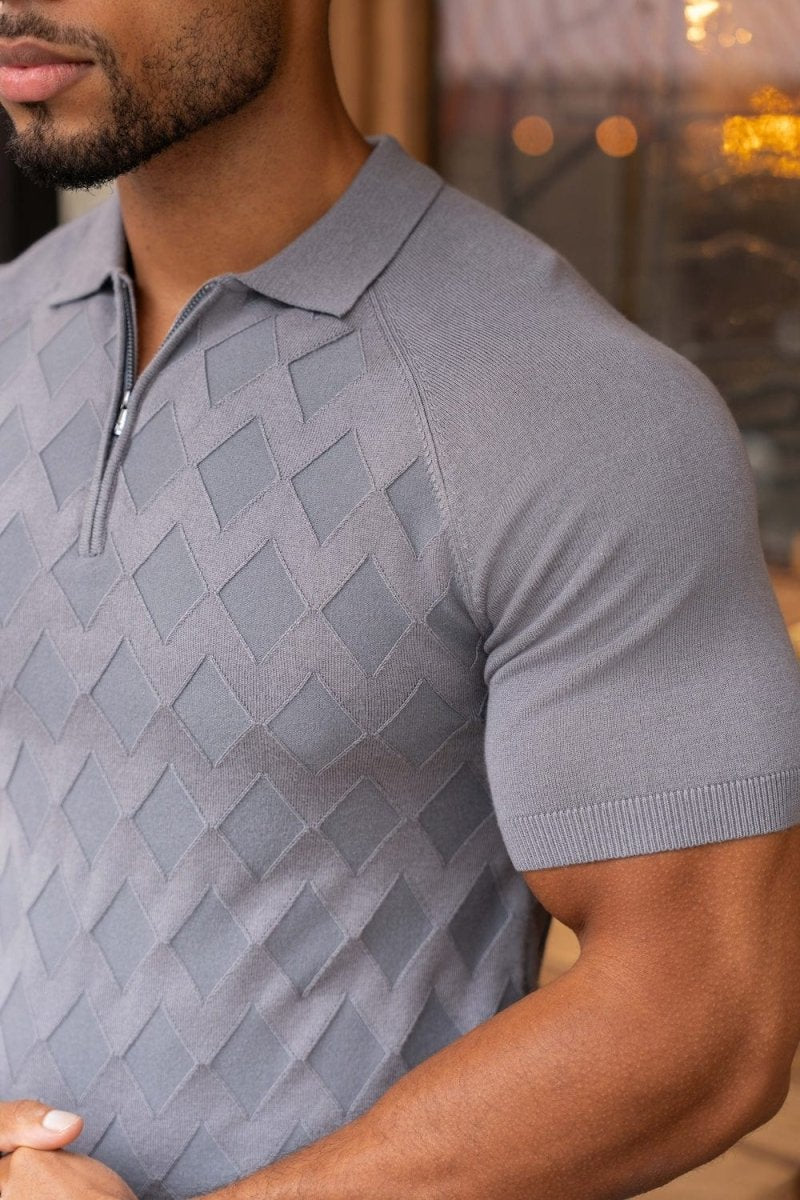 Diamond Jacquard Knitted Polo Shirt in Smoky Charcoal - TAILORED ATHLETE - USA
