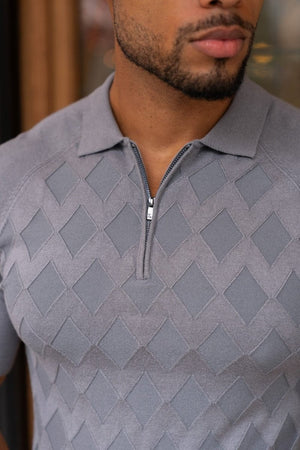 Diamond Jacquard Knitted Polo Shirt in Smoky Charcoal - TAILORED ATHLETE - USA