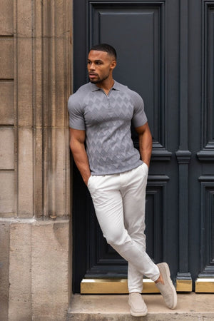 Diamond Jacquard Knitted Polo Shirt in Smoky Charcoal - TAILORED ATHLETE - USA