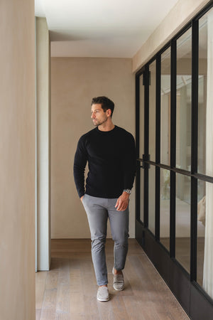 Pure Cotton Knitted Textured Crew Neck Sweater in Black - TAILORED ATHLETE - USA