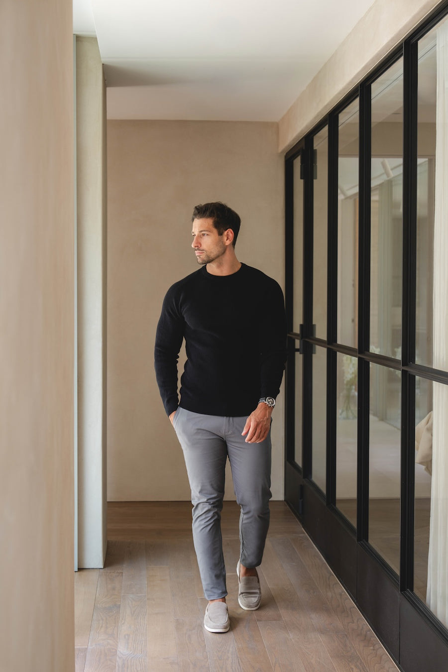 Pure Cotton Knitted Textured Crew Neck Sweater in Black - TAILORED ATHLETE - USA