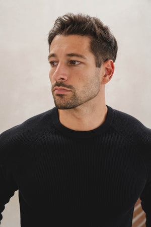 Pure Cotton Knitted Textured Crew Neck Sweater in Black - TAILORED ATHLETE - USA
