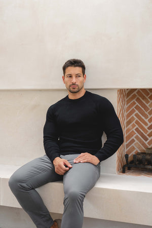 Pure Cotton Knitted Textured Crew Neck Sweater in Black - TAILORED ATHLETE - USA