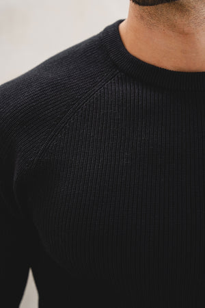 Pure Cotton Knitted Textured Crew Neck Sweater in Black - TAILORED ATHLETE - USA