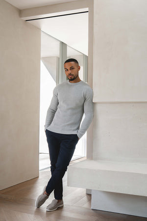 Pure Cotton Knitted Textured Crew Neck Sweater in Silver Grey Marl - TAILORED ATHLETE - USA