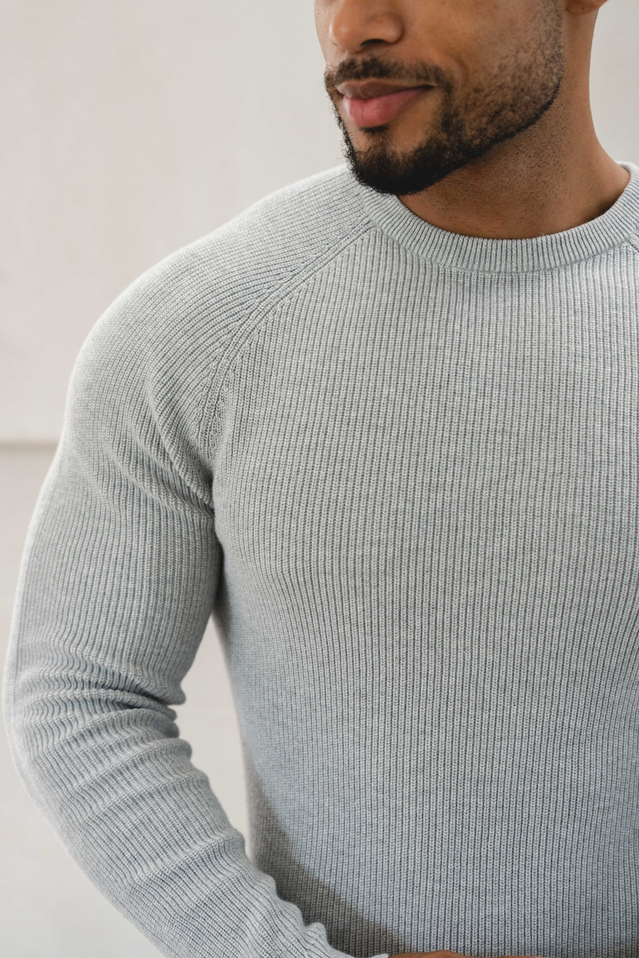 Pure Cotton Knitted Textured Crew Neck Sweater in Silver Grey Marl - TAILORED ATHLETE - USA