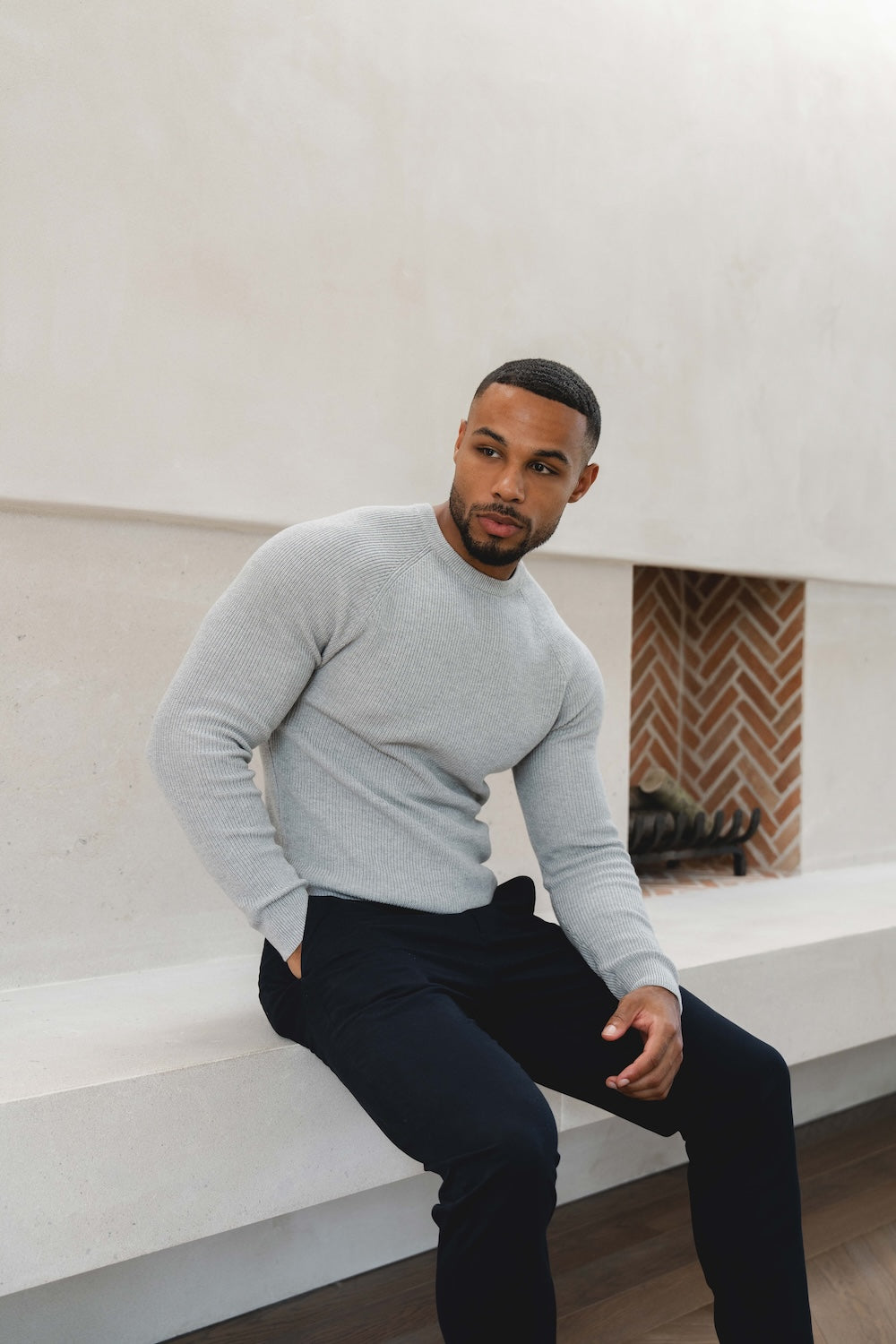 Pure Cotton Knitted Textured Crew Neck Sweater in Silver Grey Marl - TAILORED ATHLETE - USA
